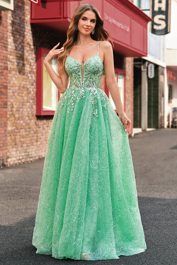 Une ligne scintillante vert clair spaghetti bretelles corset tulle Robe De Soirée avec fente